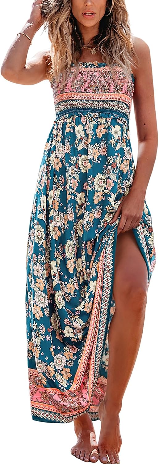 CUPSHE Women Maxi Summer Dress 2026 Floral Flowy Sundress | Spaghetti Straps Smocked Beachwear, Sleeveless, Empire Waist A Line Long Dresses, Boho Vacation Outfit, Fashion Clothes