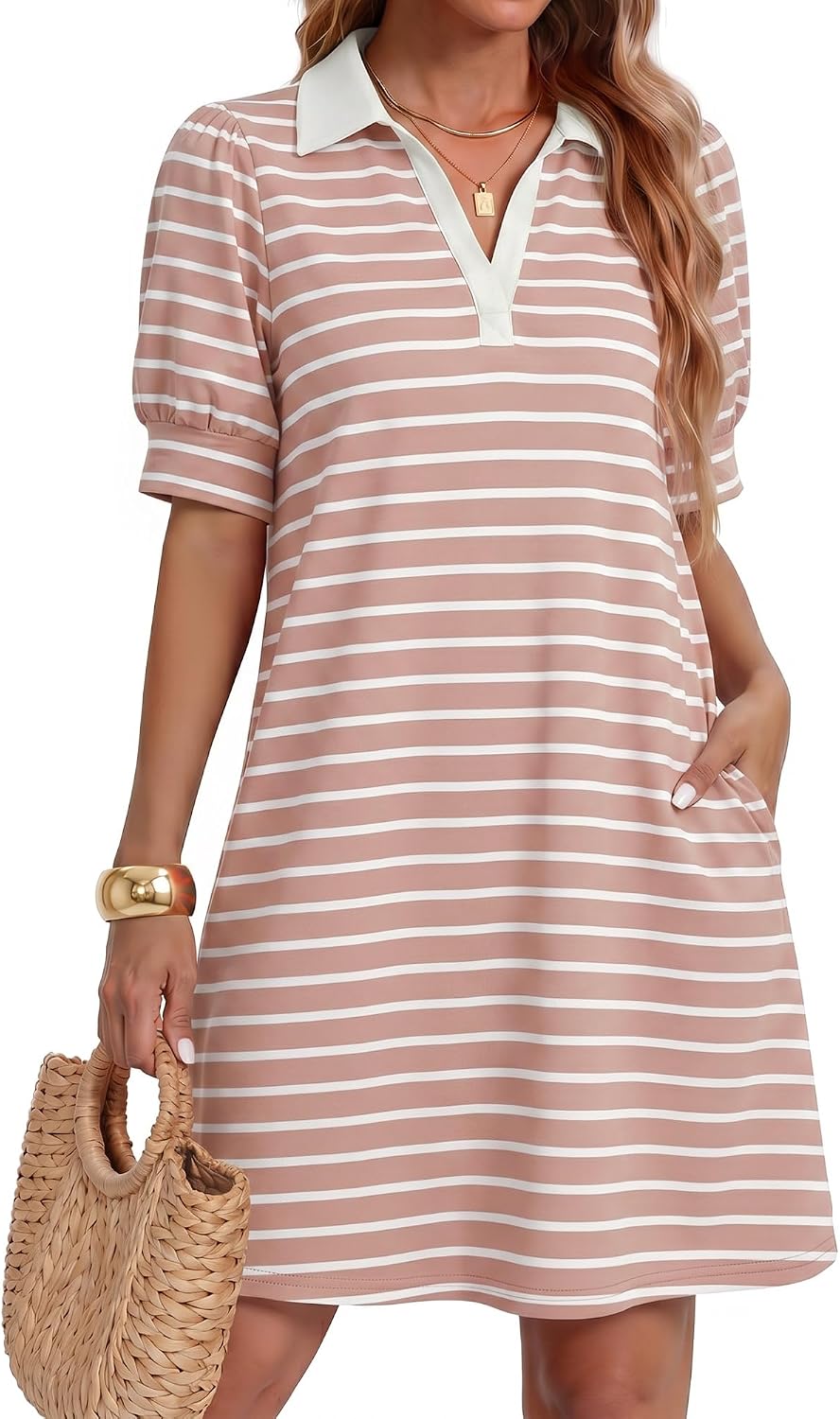 ZESICA Womens Summer Casual Striped T Shirt Mini Dress | Lapel V Neck, Short Sleeve, A-Line, Flowy Dress, Beach Vacation Dress