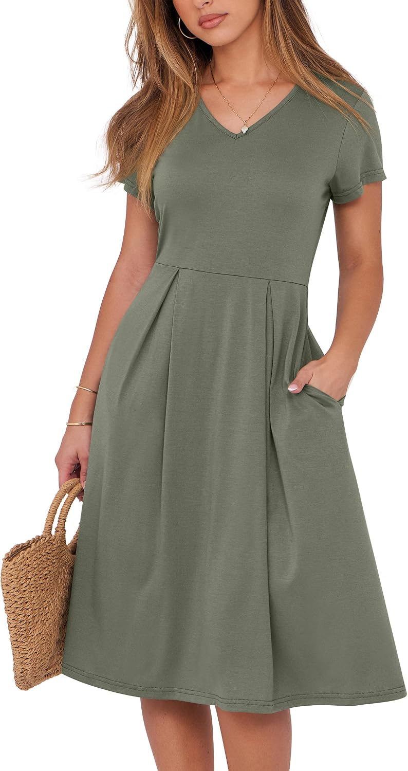 ANRABESS Women Summer Casual Short Sleeve A Line Midi Dresses with Pocket | V Neck Knee Length Pleated Flowy Slim Fit, Casual Business Office Work Teacher Wear, Church Funeral Wedding Guest Outfits
