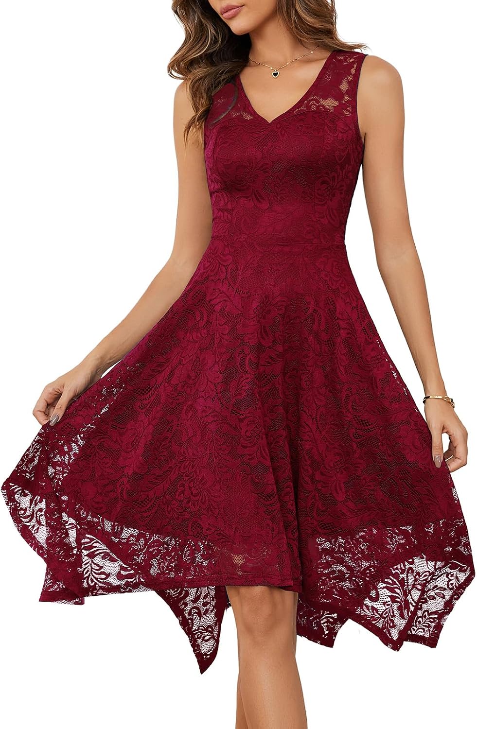 Meetjen Women's Lace Cocktail Party Dresses 2026 Formal Wedding Guest | Handkerchief Hem, V-Neck, Sleeveless, Midi, Fancy, Bridesmaid, Modest, Homecoming Dress