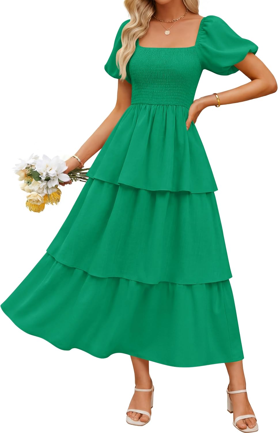 ZESICA Womens Summer Short Puff Sleeve Flowy Tiered Midi Dress | Square Neck, Backless, Swing A Line, High Waist, 2026 Boho Trendy, Dressy Casual Beach Vacation, Wedding Guest Cocktail Party