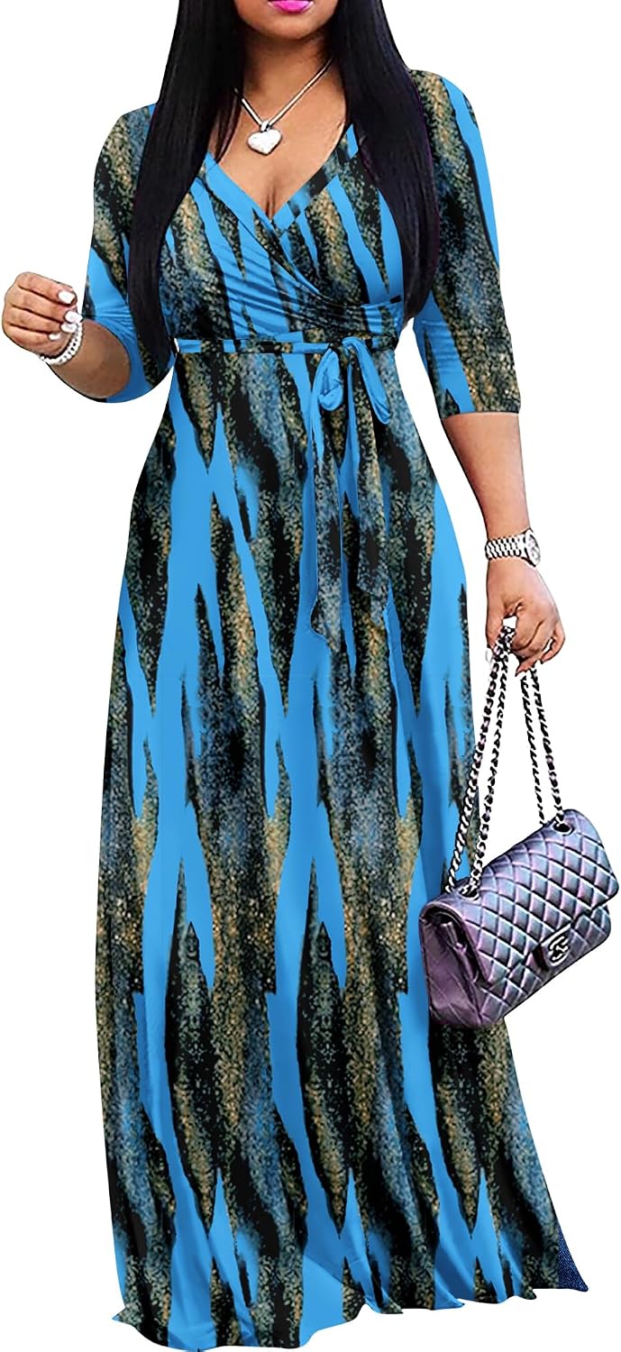 FANDEE Plus Size Maxi Dress for Women - Summer Long Dresses Casual | Women's Curvy Fit Long Dress, Semi\u2011Formal Print Fitted Wrap Dress with Pockets & Belt, 3\/4-Sleeve V-Neck