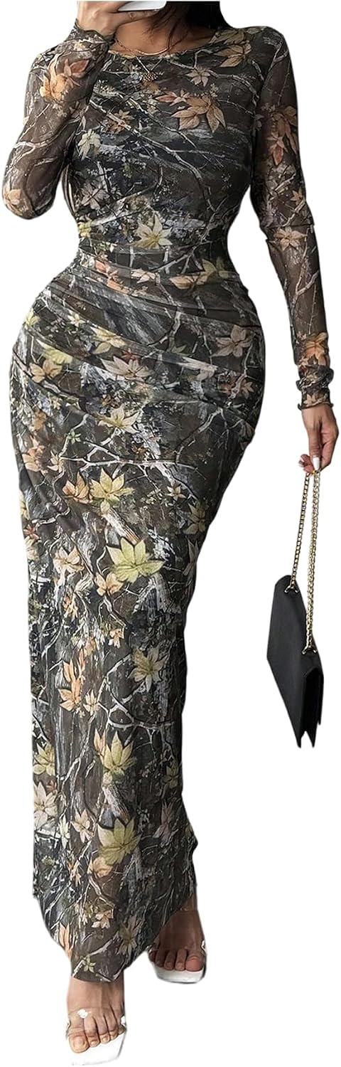 BEAUDRM Women's Fall Wedding Guest Dress Long Sleeve Cocktail Date Night Sexy Y2K Bodycon Ruched Mesh Formal Maxi Dresses
