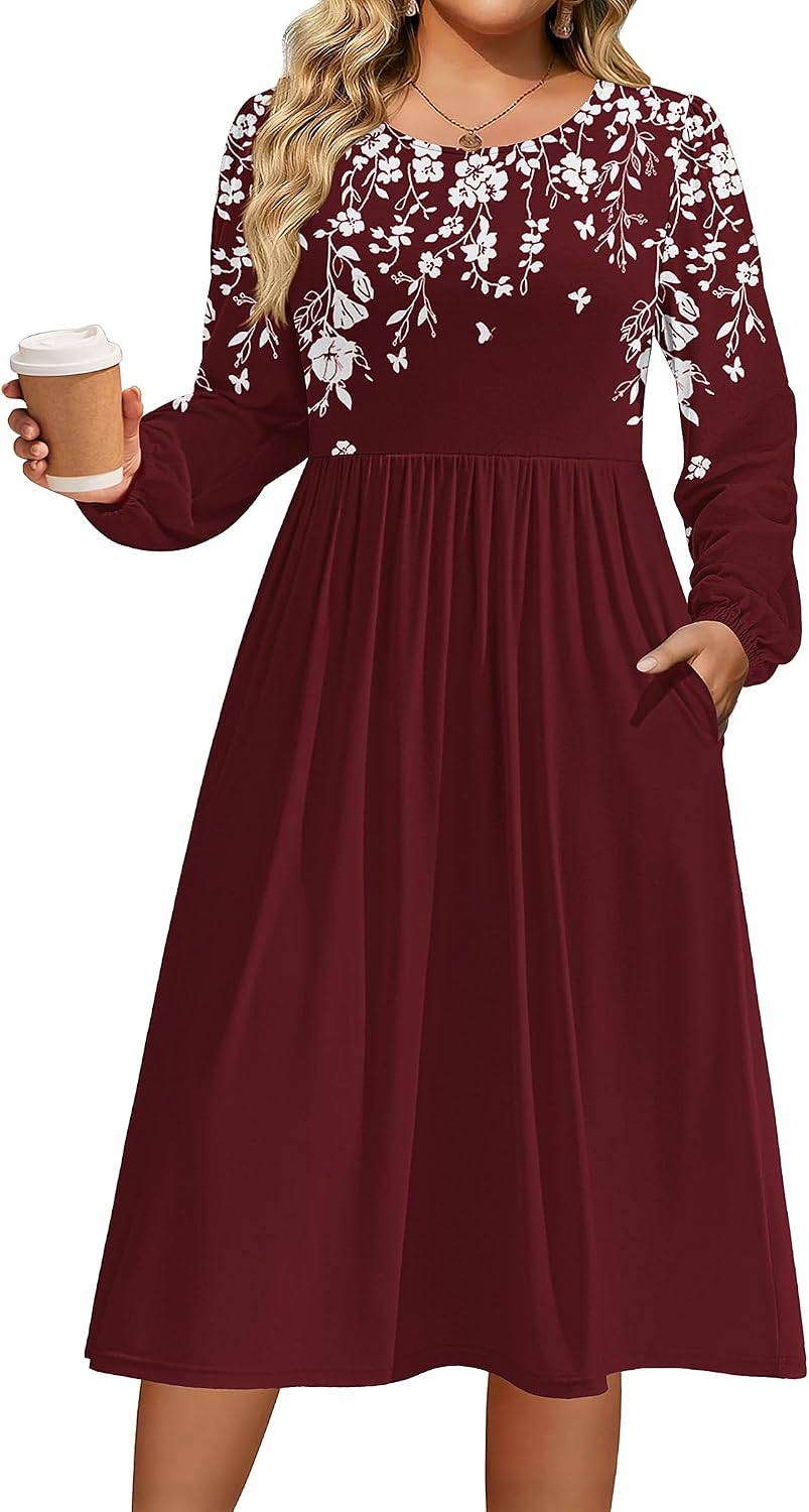 IN'VOLAND Plus Size Fall Dresses Women Long Sleeve Midi Casual Pocket Dress | Breathable Material, Crewneck A-Line Dresses, Loose Fit, Fall Fashion 2026