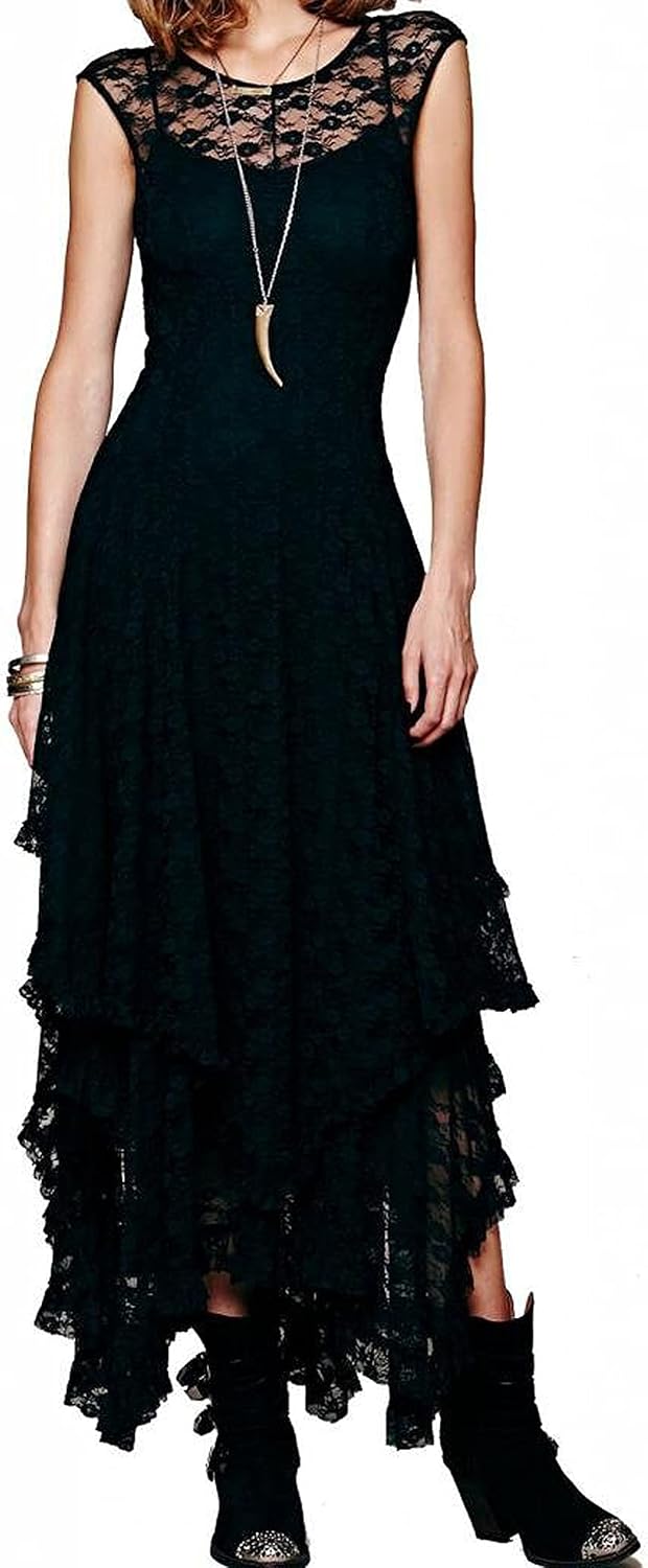 R.Vivimos Womens Lace Long Dress with Slip Two Pieces | Sleeveless, Backless, Asymmetrical Layered Hem, Beach, Vacation, Wedding, Cocktail, Party Outfits