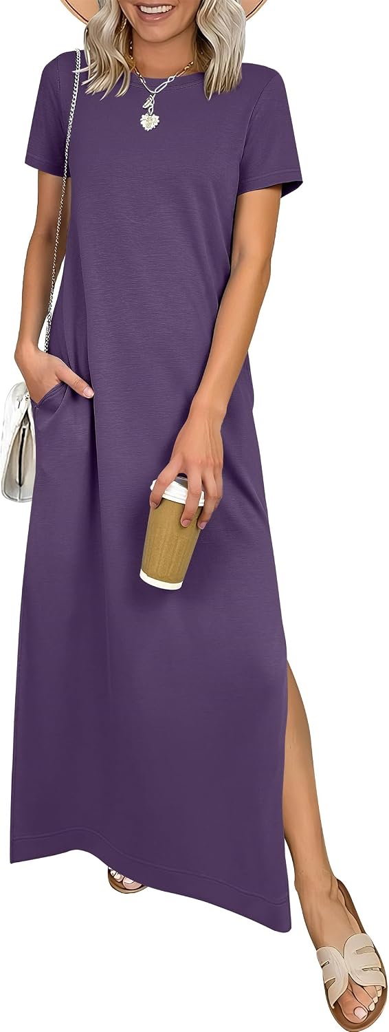 ANRABESS Womens Summer Maxi Dresses Wrinkle Free with Pockets | Air Layer Fabric, Short Sleeve Casual Travel Beach Vacation Long Dress, Crewneck Split, Comfort Work All-Day Wear Sundress