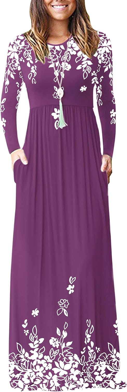 AUSELILY Womens Long Sleeve Maxi Dress Casual Empire Waist with Pockets | Versatile year round long dress for spring, fall, winter, available in floral prints and solids