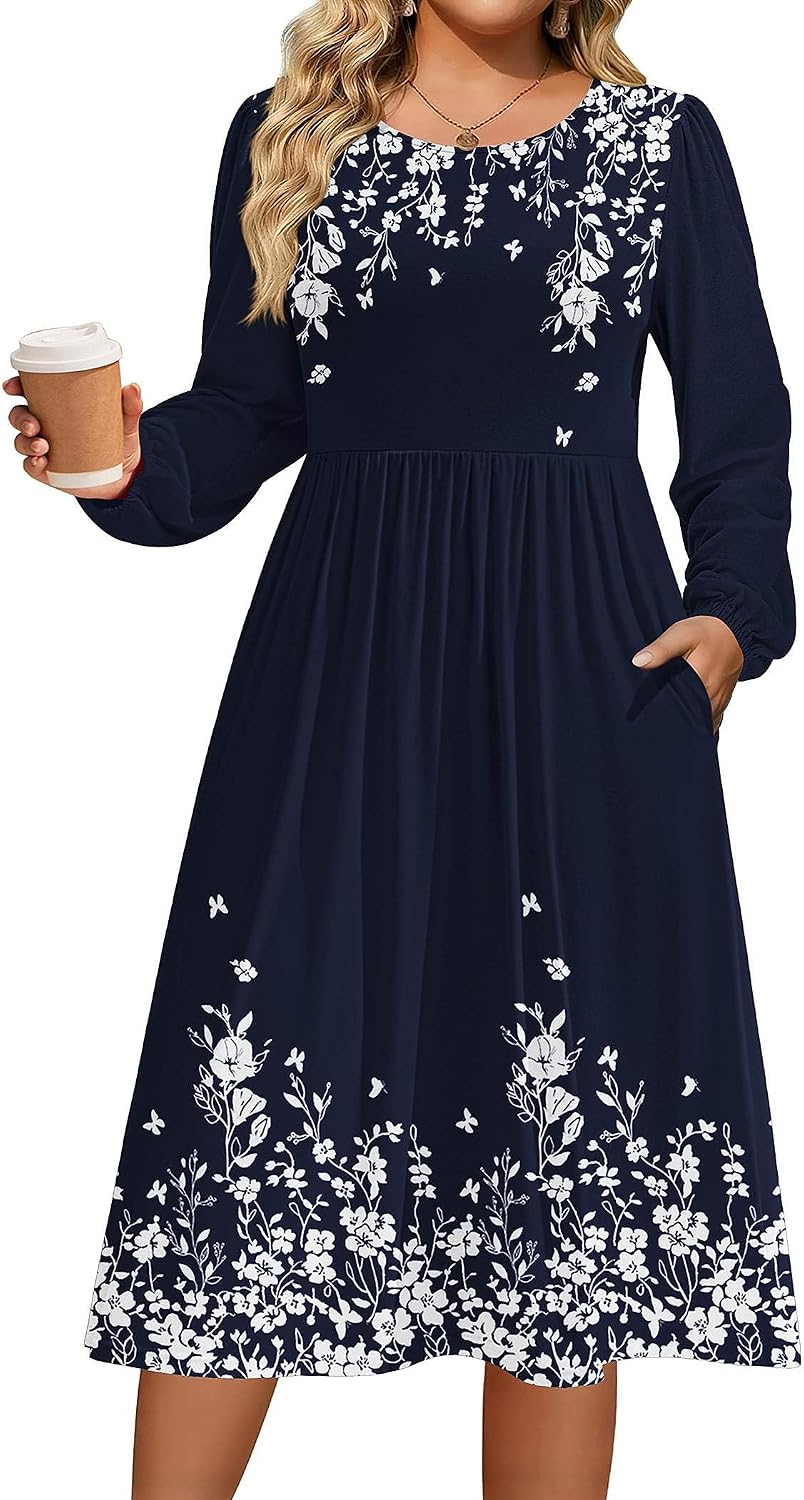IN'VOLAND Plus Size Fall Dresses Women Long Sleeve Midi Casual Pocket Dress | Breathable Material, Crewneck A-Line Dresses, Loose Fit, Fall Fashion 2026