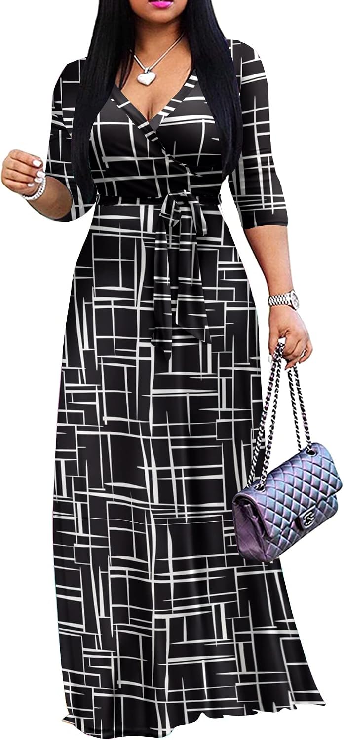 FANDEE Plus Size Maxi Dress for Women - Summer Long Dresses Casual | Women's Curvy Fit Long Dress, Semi\u2011Formal Print Fitted Wrap Dress with Pockets & Belt, 3\/4-Sleeve V-Neck