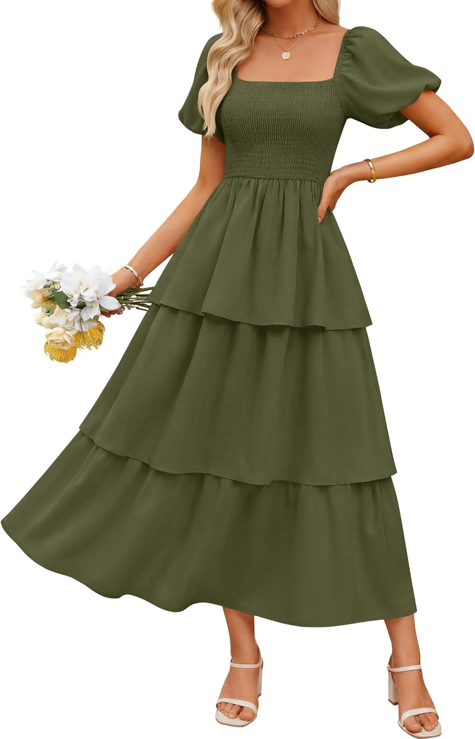 ZESICA Womens Summer Short Puff Sleeve Flowy Tiered Midi Dress | Square Neck, Backless, Swing A Line, High Waist, 2026 Boho Trendy, Dressy Casual Beach Vacation, Wedding Guest Cocktail Party