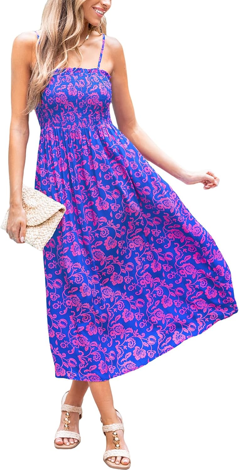 CUPSHE Women Maxi Summer Dress 2026 Floral Flowy Sundress | Spaghetti Straps Smocked Beachwear, Sleeveless, Empire Waist A Line Long Dresses, Boho Vacation Outfit, Fashion Clothes