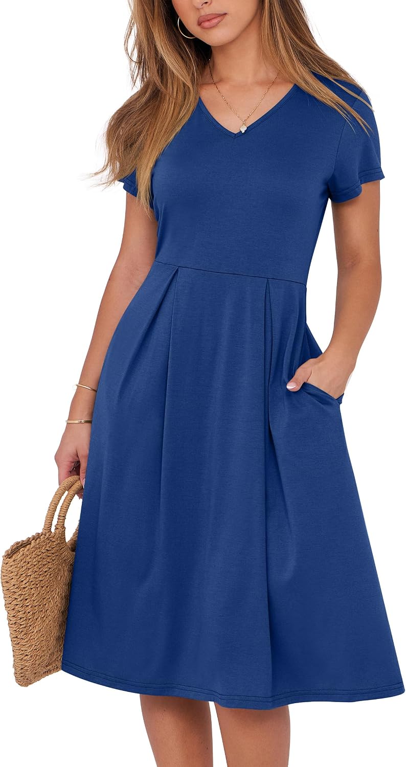 ANRABESS Women Summer Casual Short Sleeve A Line Midi Dresses with Pocket | V Neck Knee Length Pleated Flowy Slim Fit, Casual Business Office Work Teacher Wear, Church Funeral Wedding Guest Outfits