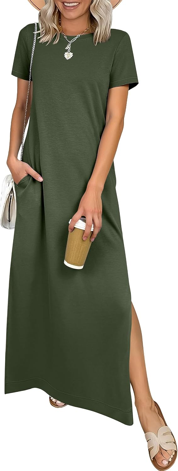 ANRABESS Womens Summer Maxi Dresses Wrinkle Free with Pockets | Air Layer Fabric, Short Sleeve Casual Travel Beach Vacation Long Dress, Crewneck Split, Comfort Work All-Day Wear Sundress