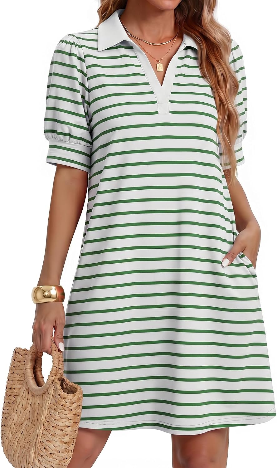 ZESICA Womens Summer Casual Striped T Shirt Mini Dress | Lapel V Neck, Short Sleeve, A-Line, Flowy Dress, Beach Vacation Dress