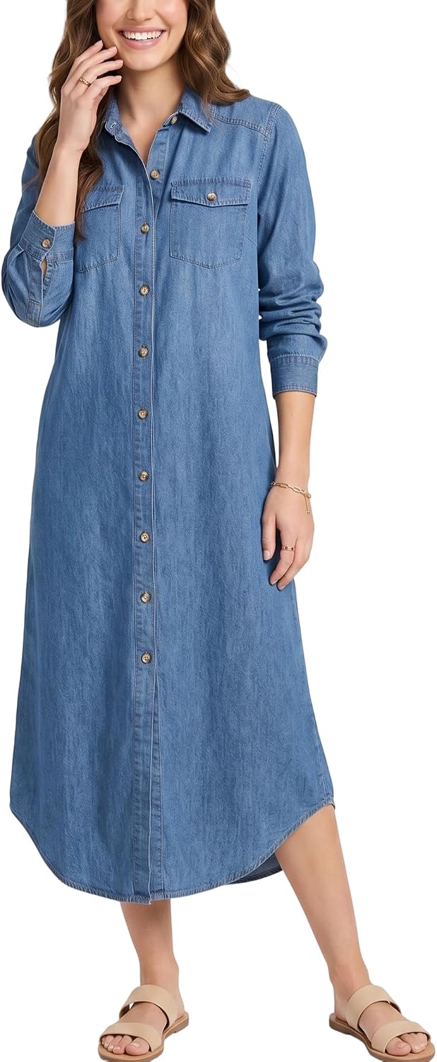 Kuraki Women's Casual Print Button Front Maxi Shirt Dress