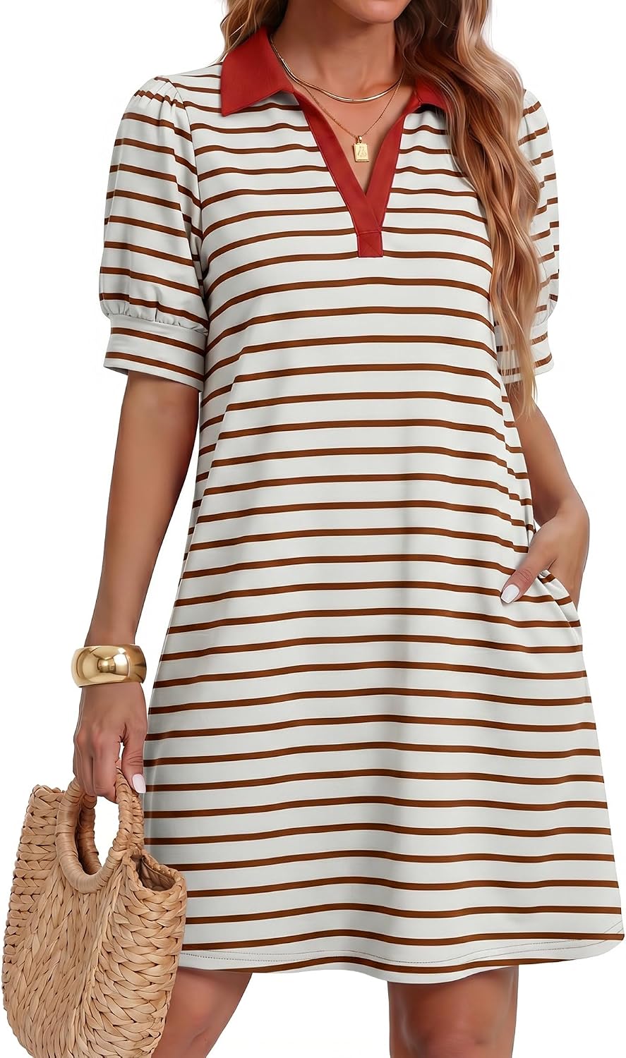 ZESICA Womens Summer Casual Striped T Shirt Mini Dress | Lapel V Neck, Short Sleeve, A-Line, Flowy Dress, Beach Vacation Dress