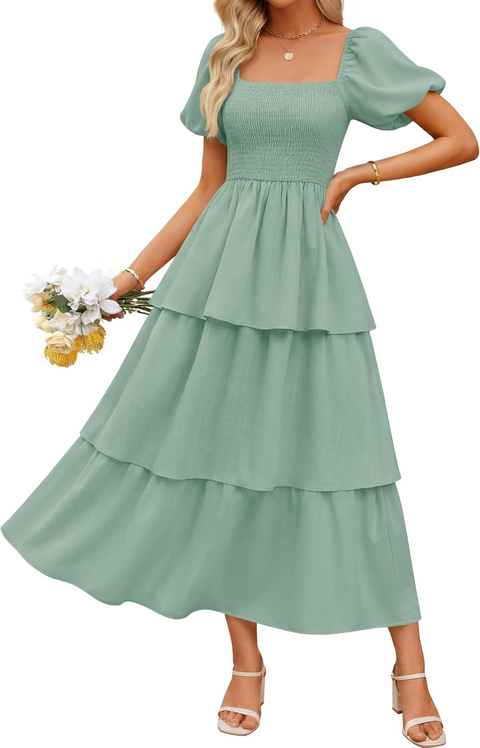 ZESICA Womens Summer Short Puff Sleeve Flowy Tiered Midi Dress | Square Neck, Backless, Swing A Line, High Waist, 2026 Boho Trendy, Dressy Casual Beach Vacation, Wedding Guest Cocktail Party