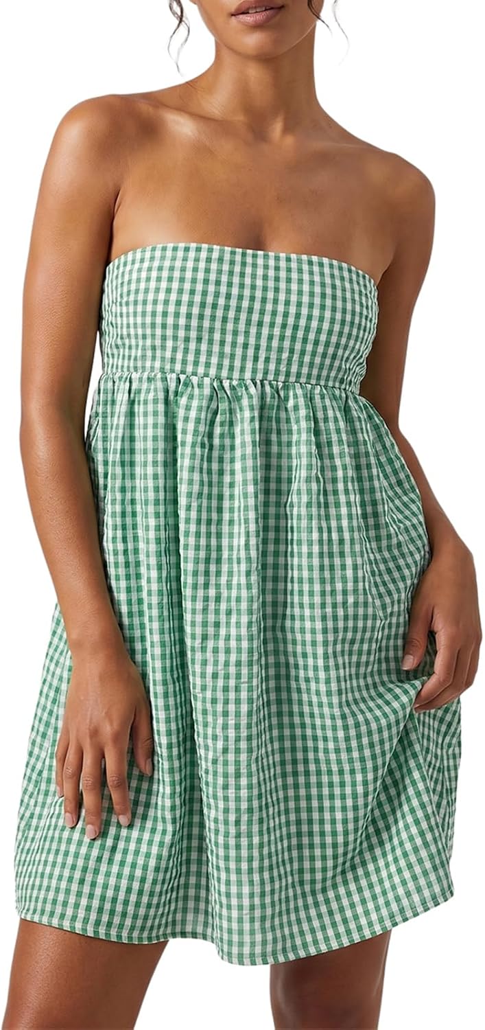 Women Strapless Gingham Tube Top Dress Summer Plaid Tie Back Mini Sundress | Backless Bandeau Dress, Ruffle Trim Flowy A-Line Short Dress, Gingham Babydooll Mini Dress with Pockets for Beach Vacation