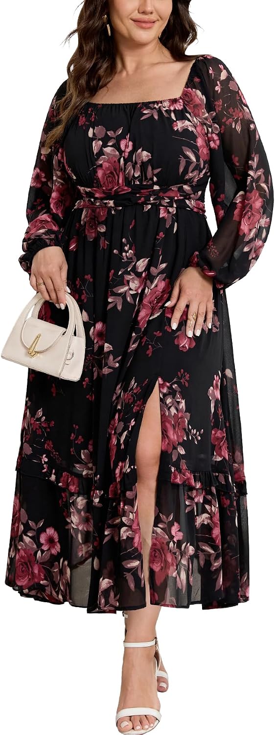 SCOMCHIC Women's Plus Size Fall Floral Wedding Guest Cocktail Maxi Dress | Square Neck, Long Sleeve, Smocked Back, Fit & Flare, Ruffle Hem A-Line, Side Slit, Long Chiffon Dress, Elegant Holiday Party