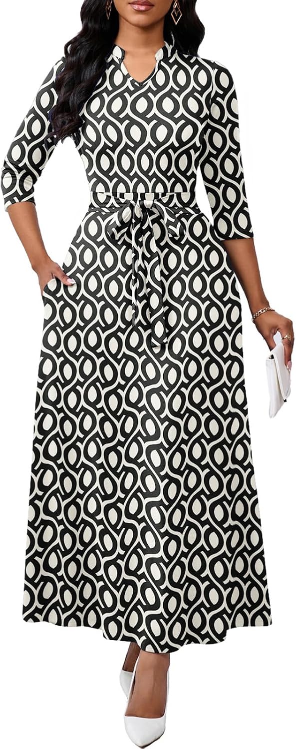 BubFee Maxi Dresses for Women Semi Formal Long Dress 3\/4 Sleeve Casual A-line Church Dresses with Pockets