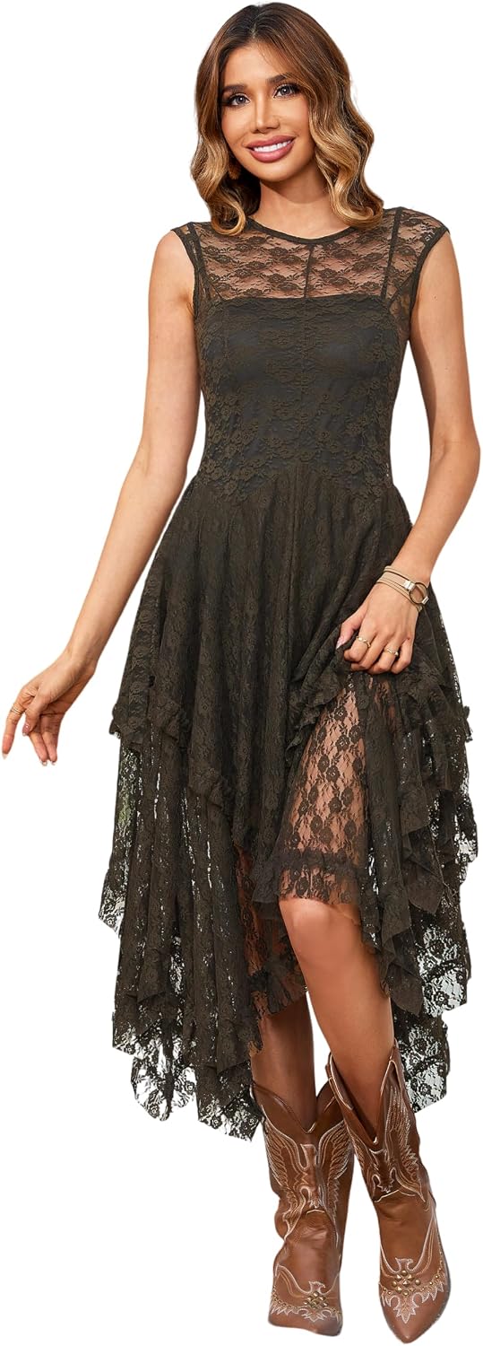 R.Vivimos Womens Lace Long Dress with Slip Two Pieces | Sleeveless, Backless, Asymmetrical Layered Hem, Beach, Vacation, Wedding, Cocktail, Party Outfits