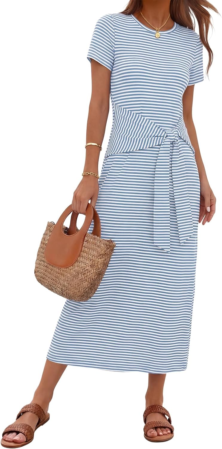 MEROKEETY Women's Summer T Shirt Casual Work Wrap Maxi Dresses | 2026 Fall, Tie Waist, Short Sleeve, Crew Neck, Business Casual, Beach Vacation, Slim Fit, High Waist, Elegant, Long Dress