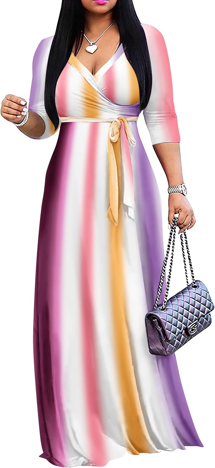 FANDEE Plus Size Maxi Dress for Women - Summer Long Dresses Casual | Women's Curvy Fit Long Dress, Semi\u2011Formal Print Fitted Wrap Dress with Pockets & Belt, 3\/4-Sleeve V-Neck