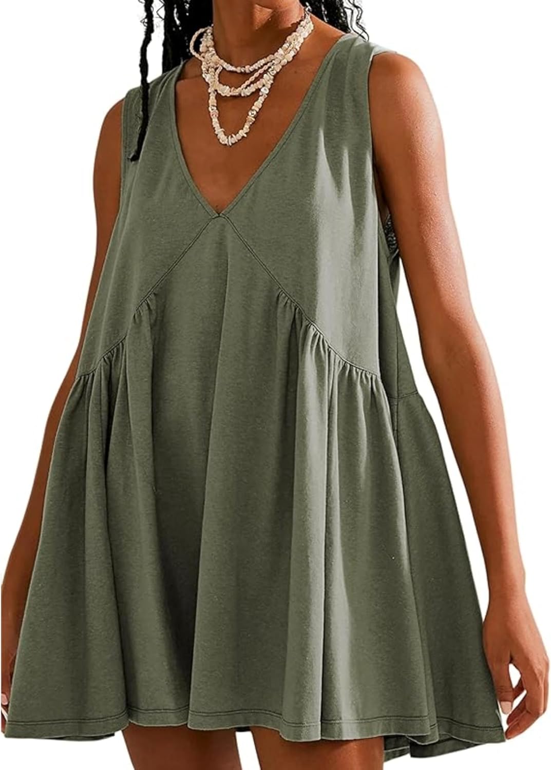 OPCAKM Women's V Neck Sleeveless Mini Dress Pleated Sundress | Soft Cotton Babydoll Summer Dresses,Flowy Swing Loose Fit for Casual Daily Wear,Party and Outdoor Activities