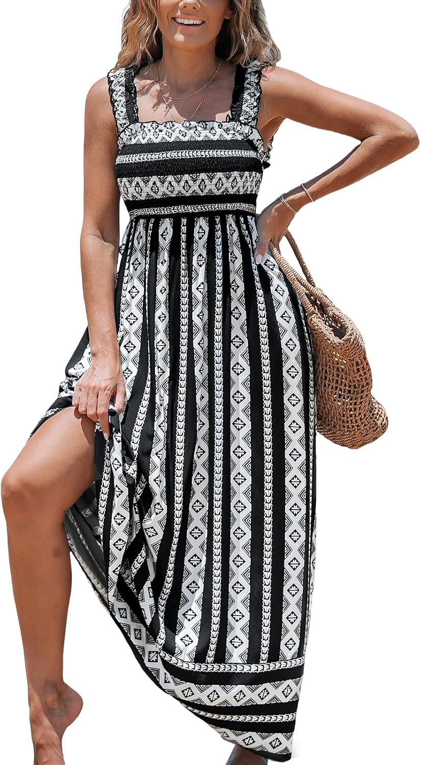 CUPSHE Women Maxi Summer Dress 2026 Floral Flowy Sundress | Spaghetti Straps Smocked Beachwear, Sleeveless, Empire Waist A Line Long Dresses, Boho Vacation Outfit, Fashion Clothes