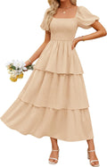 ZESICA Womens Summer Short Puff Sleeve Flowy Tiered Midi Dress | Square Neck, Backless, Swing A Line, High Waist, 2026 Boho Trendy, Dressy Casual Beach Vacation, Wedding Guest Cocktail Party