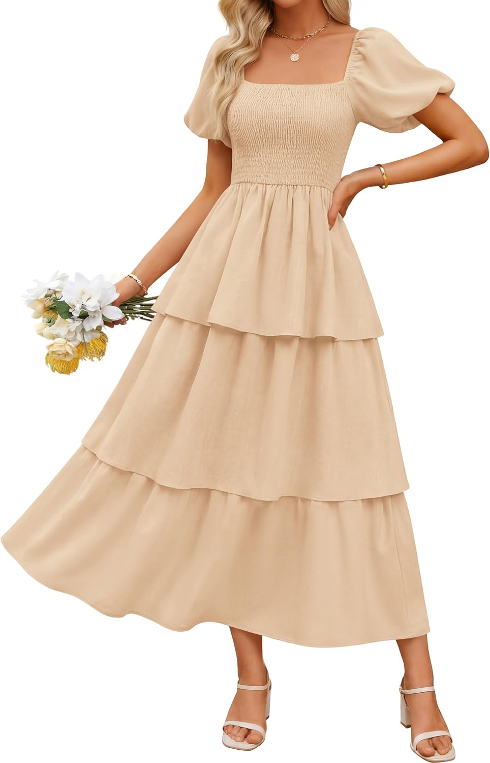 ZESICA Womens Summer Short Puff Sleeve Flowy Tiered Midi Dress | Square Neck, Backless, Swing A Line, High Waist, 2026 Boho Trendy, Dressy Casual Beach Vacation, Wedding Guest Cocktail Party