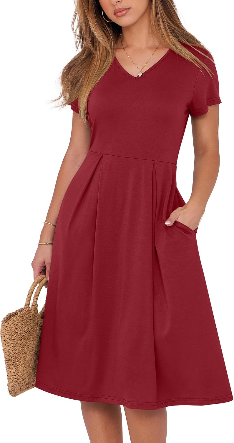 ANRABESS Women Summer Casual Short Sleeve A Line Midi Dresses with Pocket | V Neck Knee Length Pleated Flowy Slim Fit, Casual Business Office Work Teacher Wear, Church Funeral Wedding Guest Outfits