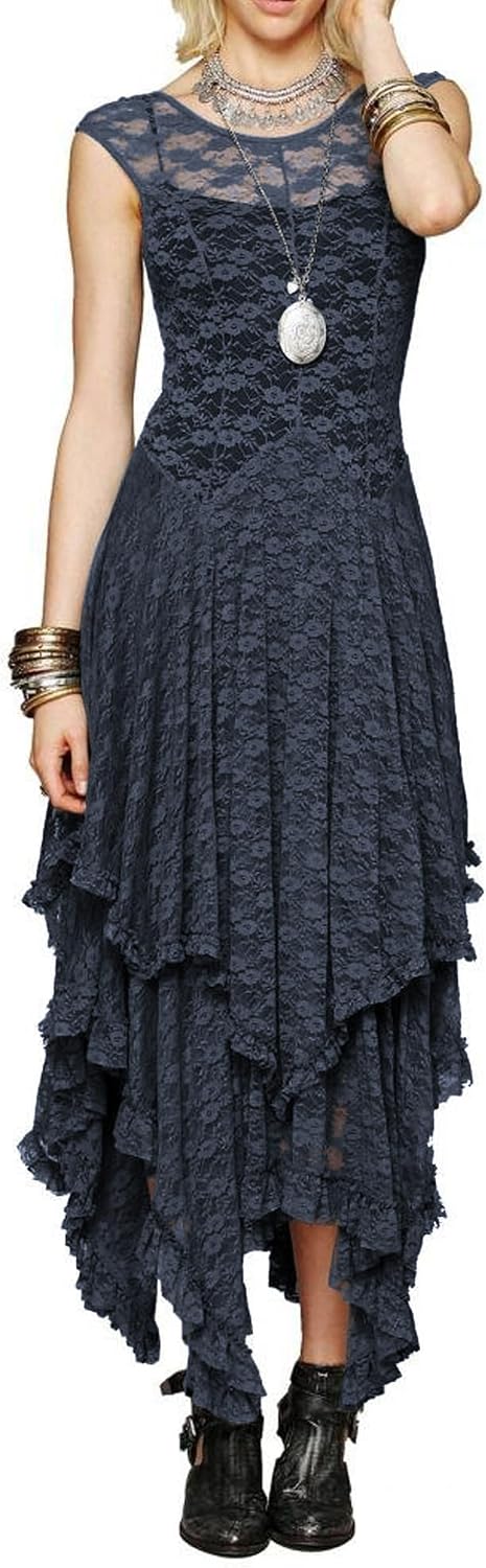 R.Vivimos Womens Lace Long Dress with Slip Two Pieces | Sleeveless, Backless, Asymmetrical Layered Hem, Beach, Vacation, Wedding, Cocktail, Party Outfits