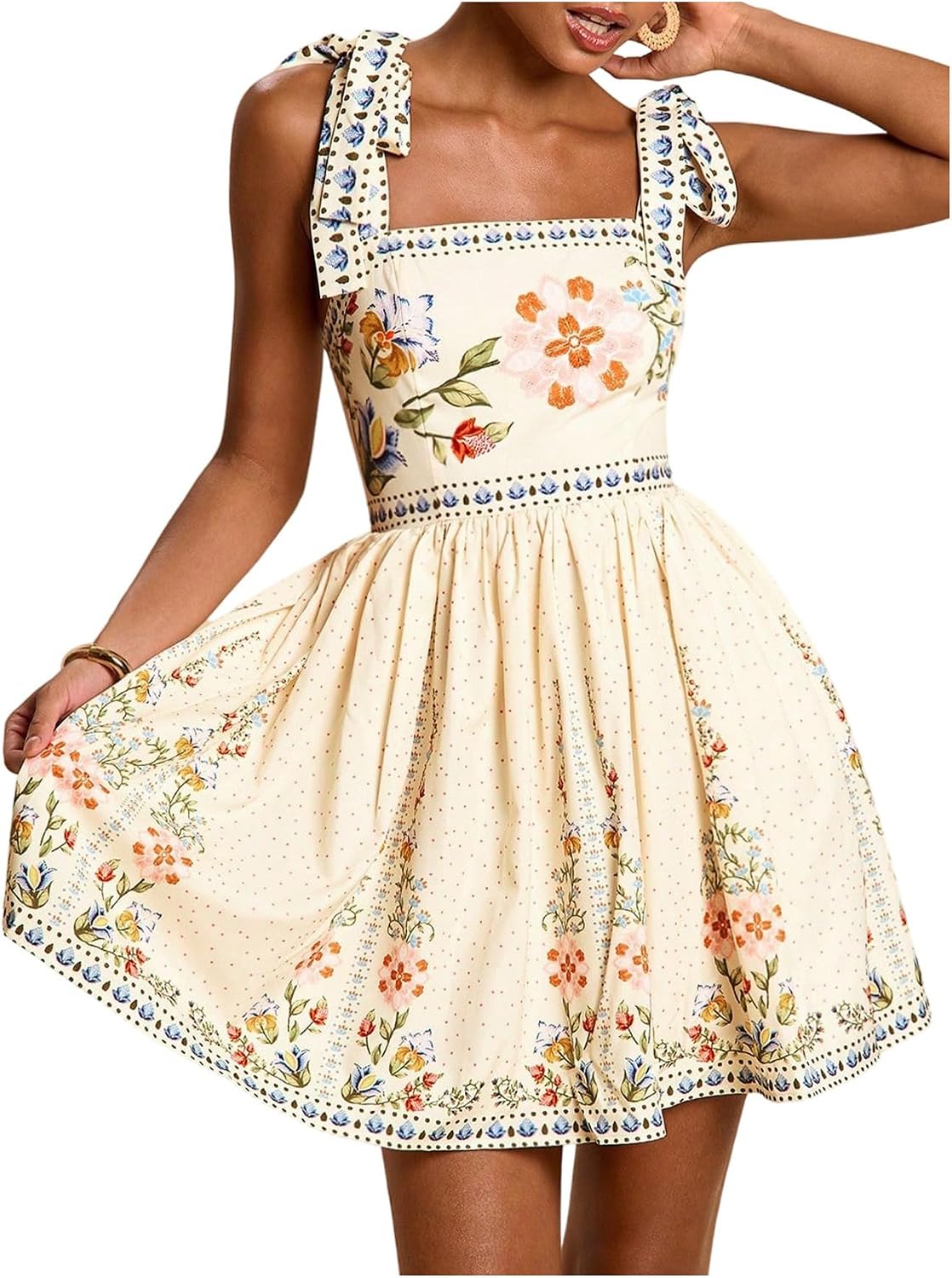 OYOANGLE Boho Dresses for Women Tropical Summer Dresses Mini Dress Sundress | Floral，Sleeveless，Tie Shoulder,Brunch Dress,Flowy Dress,Vacation Outfits，Hawaiian Dresses