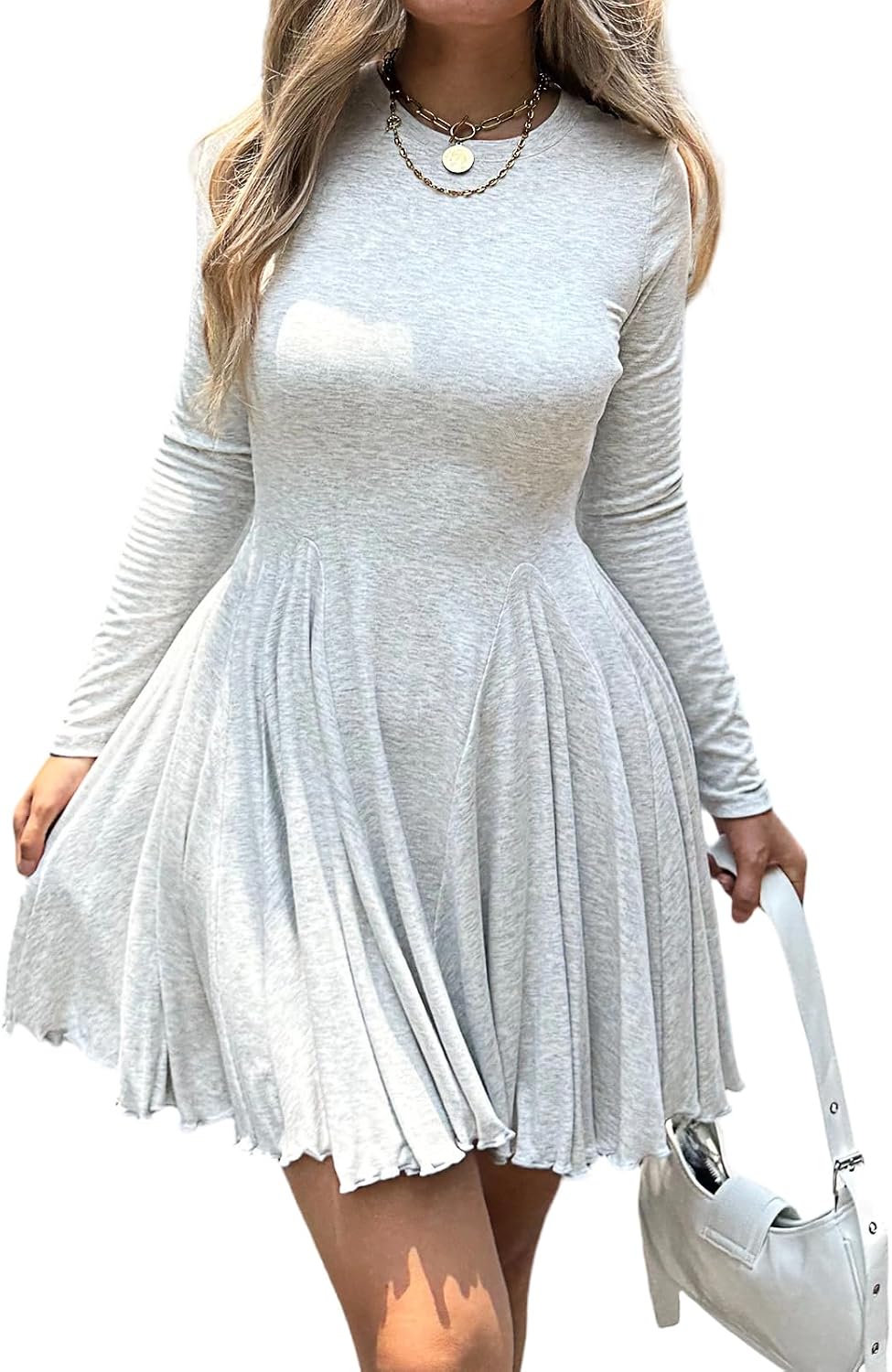 Mieazom Women\u2019s Long Sleeve Casual Swing Dress \u2013 A-Line Fit and Flare Skater Dress, Stretchy Mini Dress for Fall Winter