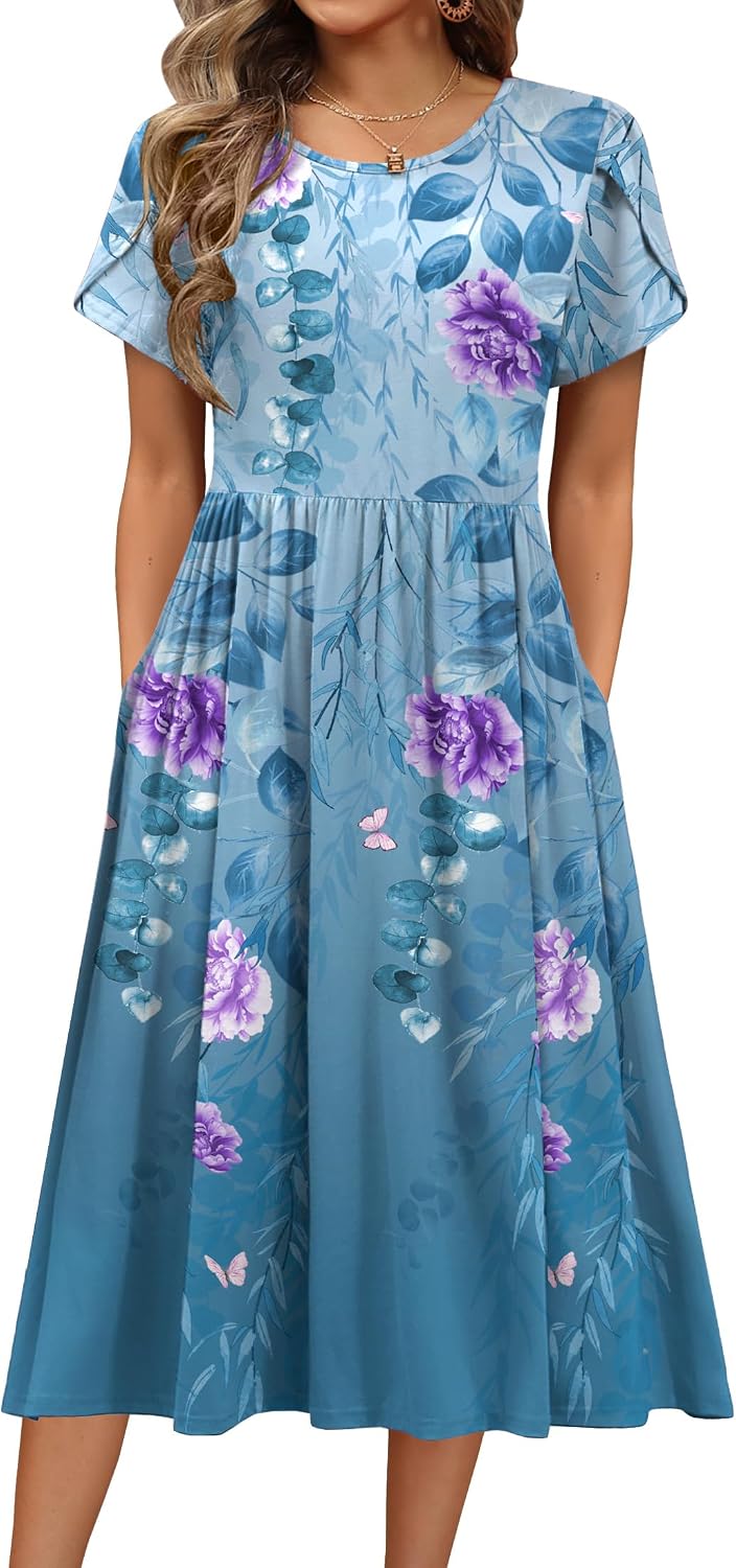 HOTOUCH Women's Summer A-Line Midi Dresses 2026 Casual Floral Short Sleeve T-Shirt Dress Flowy Beach Sundress with Pockets