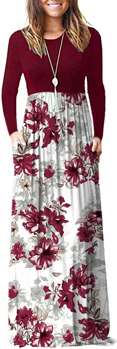 AUSELILY Womens Long Sleeve Maxi Dress Casual Empire Waist with Pockets | Versatile year round long dress for spring, fall, winter, available in floral prints and solids