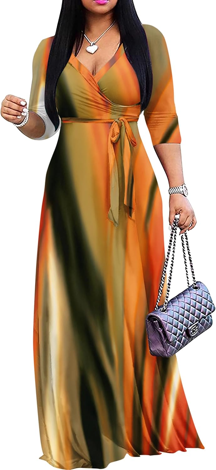 FANDEE Plus Size Maxi Dress for Women - Summer Long Dresses Casual | Women's Curvy Fit Long Dress, Semi\u2011Formal Print Fitted Wrap Dress with Pockets & Belt, 3\/4-Sleeve V-Neck