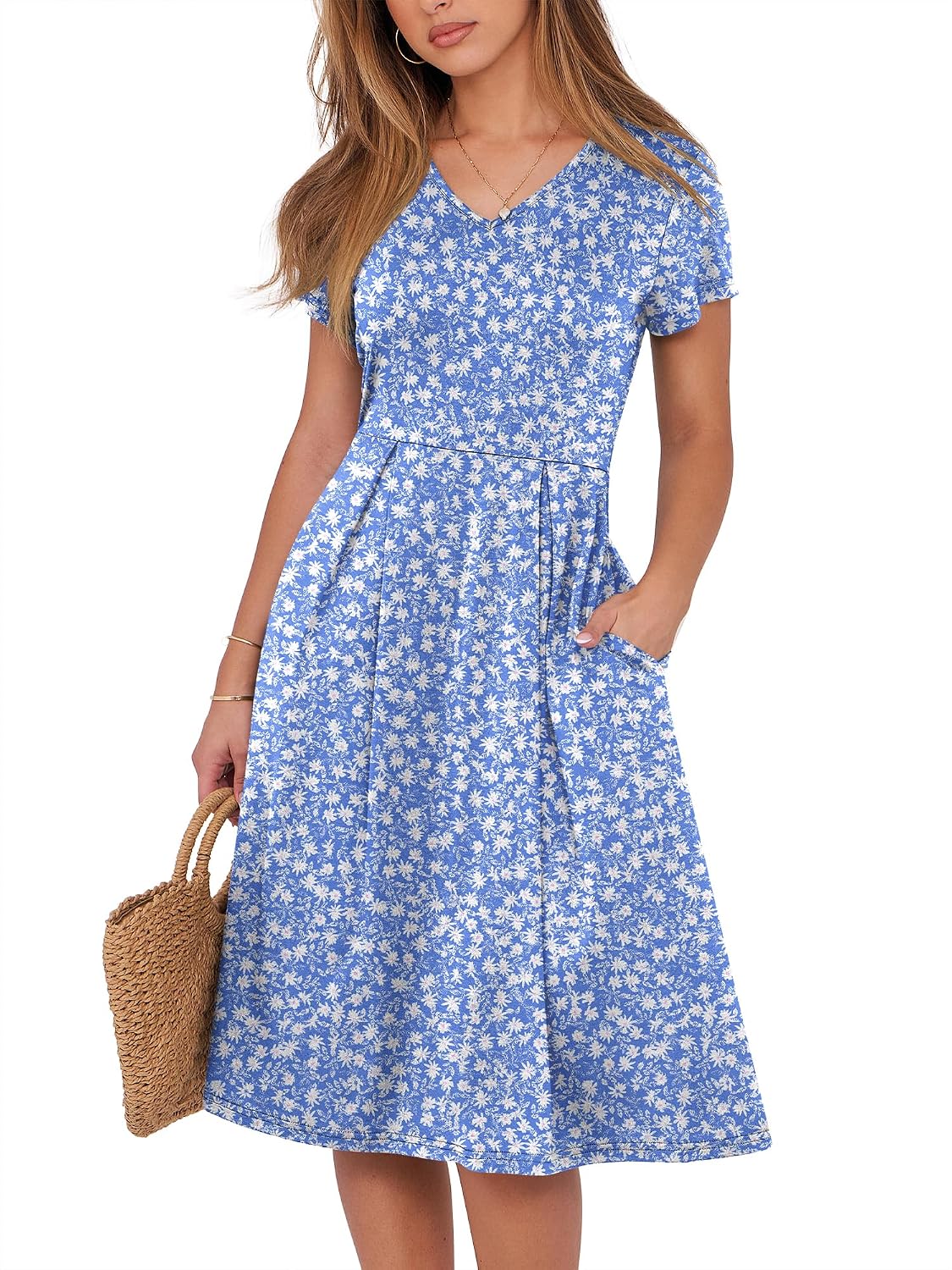 ANRABESS Women Summer Casual Short Sleeve A Line Midi Dresses with Pocket | V Neck Knee Length Pleated Flowy Slim Fit, Casual Business Office Work Teacher Wear, Church Funeral Wedding Guest Outfits