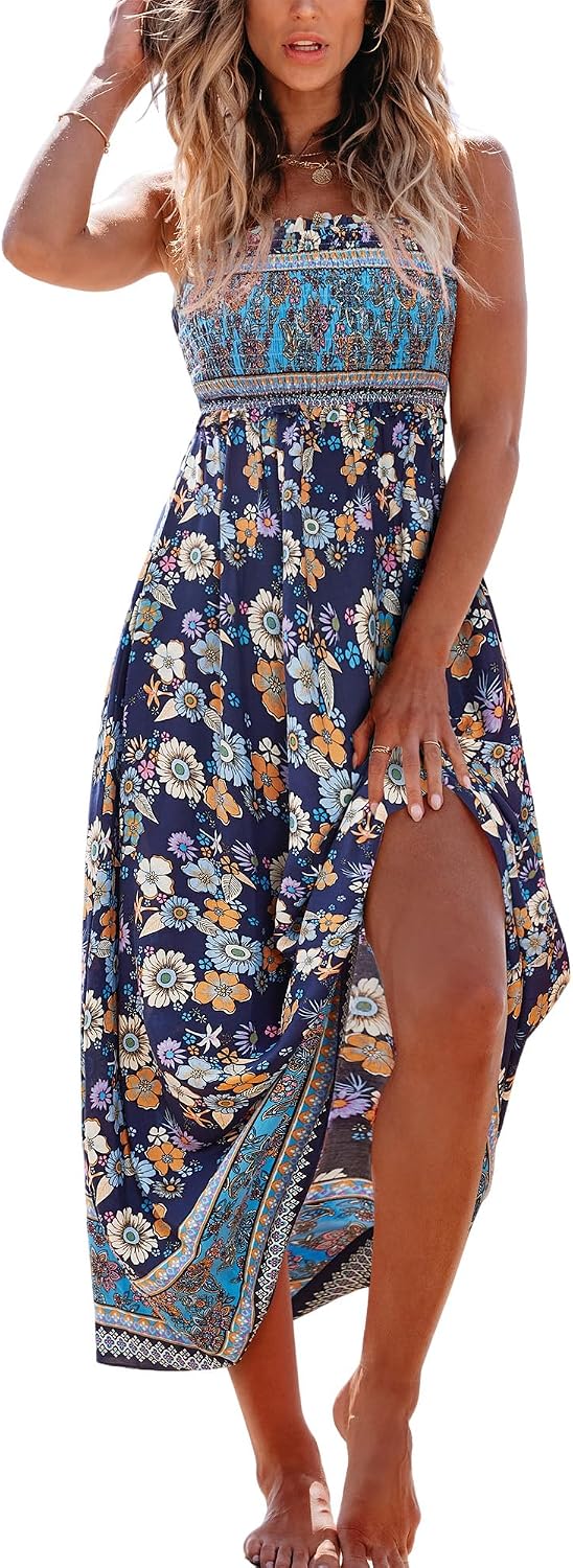 CUPSHE Women Maxi Summer Dress 2026 Floral Flowy Sundress | Spaghetti Straps Smocked Beachwear, Sleeveless, Empire Waist A Line Long Dresses, Boho Vacation Outfit, Fashion Clothes
