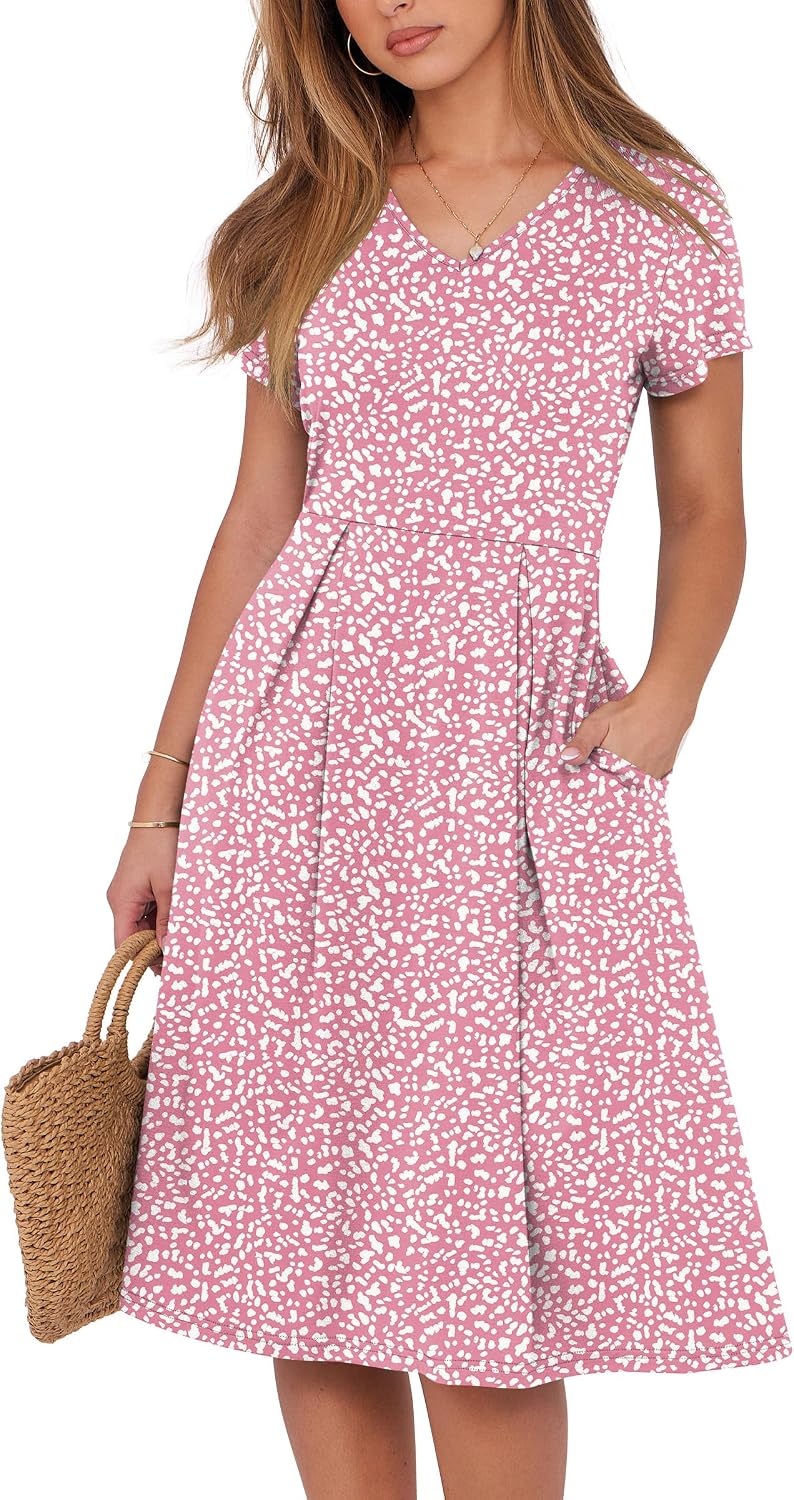 ANRABESS Women Summer Casual Short Sleeve A Line Midi Dresses with Pocket | V Neck Knee Length Pleated Flowy Slim Fit, Casual Business Office Work Teacher Wear, Church Funeral Wedding Guest Outfits