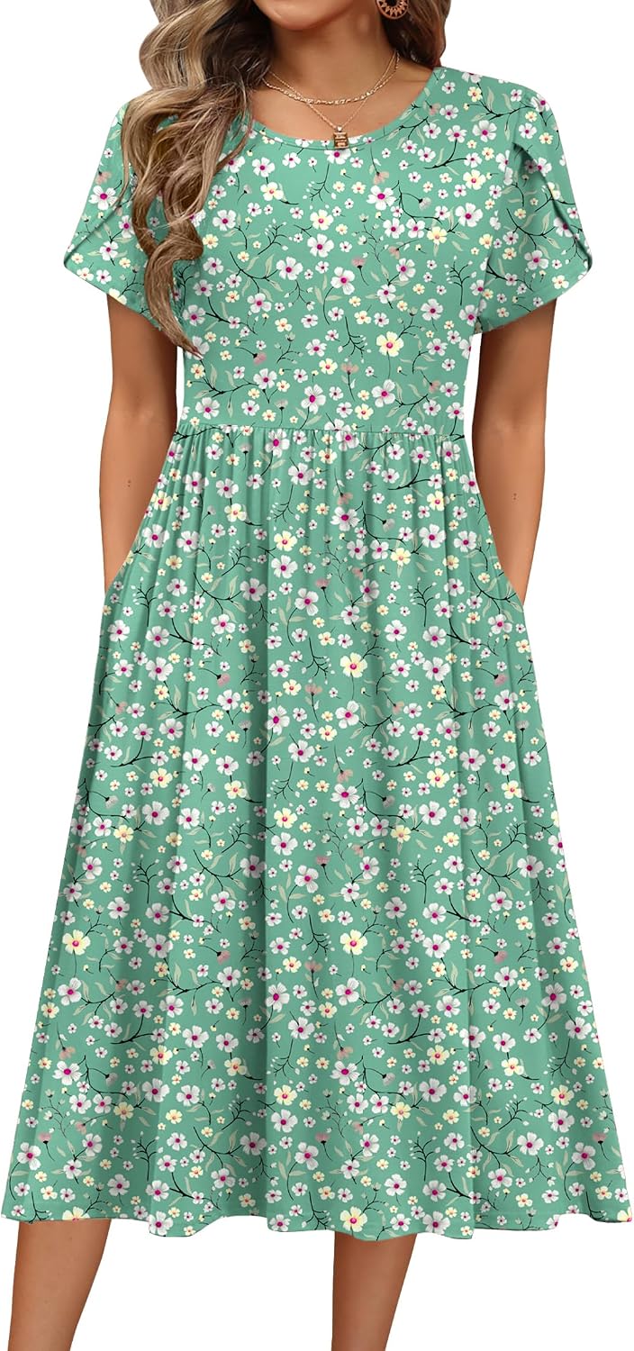 HOTOUCH Women's Summer A-Line Midi Dresses 2026 Casual Floral Short Sleeve T-Shirt Dress Flowy Beach Sundress with Pockets