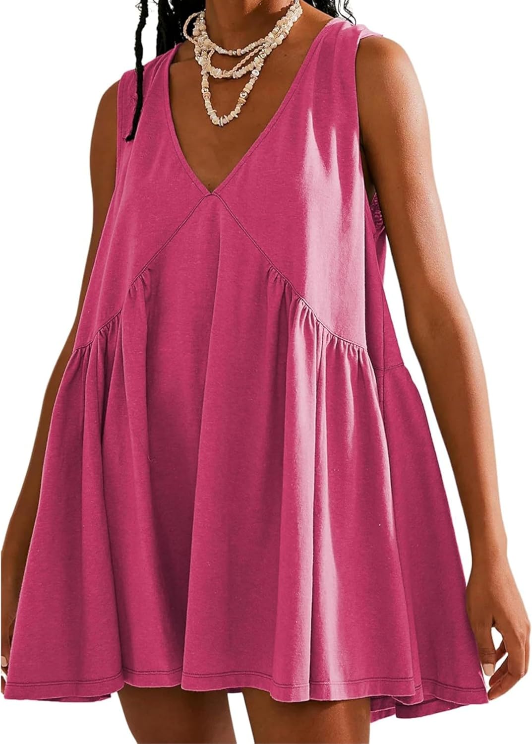 OPCAKM Women's V Neck Sleeveless Mini Dress Pleated Sundress | Soft Cotton Babydoll Summer Dresses,Flowy Swing Loose Fit for Casual Daily Wear,Party and Outdoor Activities