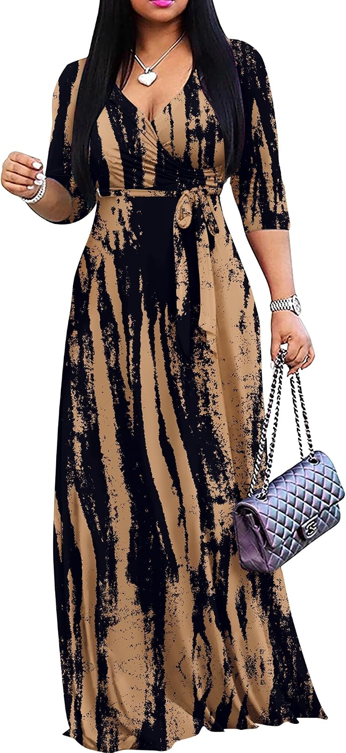 FANDEE Plus Size Maxi Dress for Women - Summer Long Dresses Casual | Women's Curvy Fit Long Dress, Semi\u2011Formal Print Fitted Wrap Dress with Pockets & Belt, 3\/4-Sleeve V-Neck