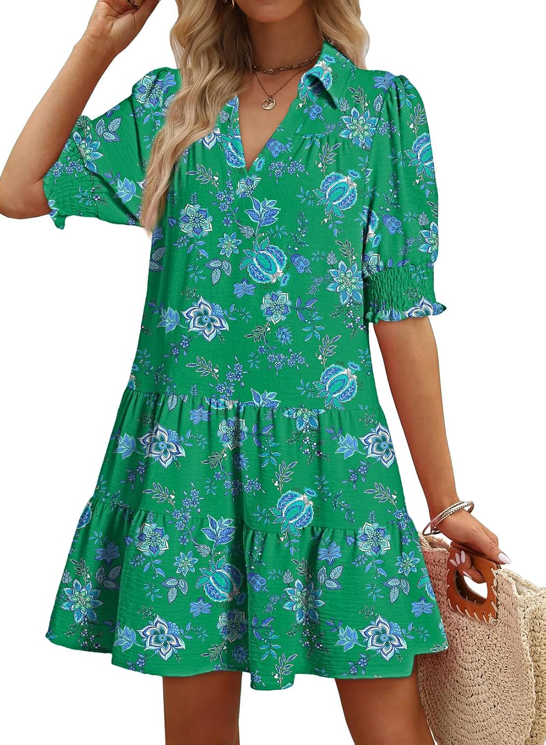 Dokotoo Casual Dresses Lapel Collared Pleated 2026 Midi Summer Dresses | Summer Fall Outfits,V Neck,Lapel Collared,Mid Sleeved,Boho Sundress,Baby Doll Dresses,Vacation,with Pockets,Loose Fit