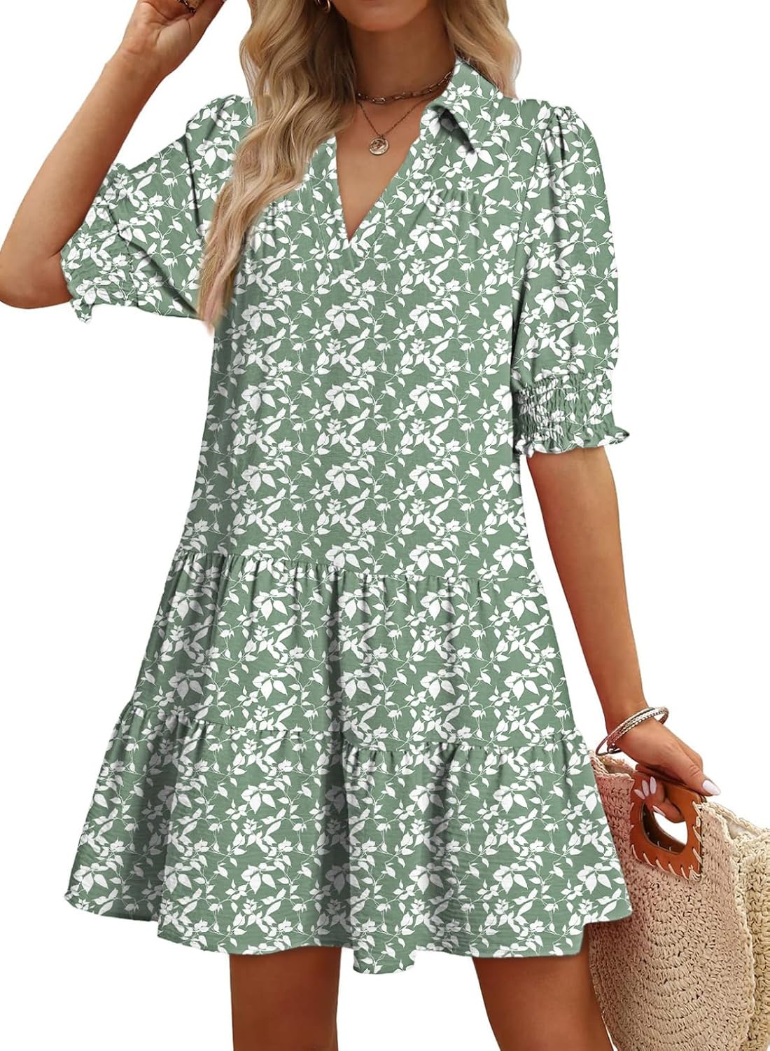 Dokotoo Casual Dresses Lapel Collared Pleated 2026 Midi Summer Dresses | Summer Fall Outfits,V Neck,Lapel Collared,Mid Sleeved,Boho Sundress,Baby Doll Dresses,Vacation,with Pockets,Loose Fit