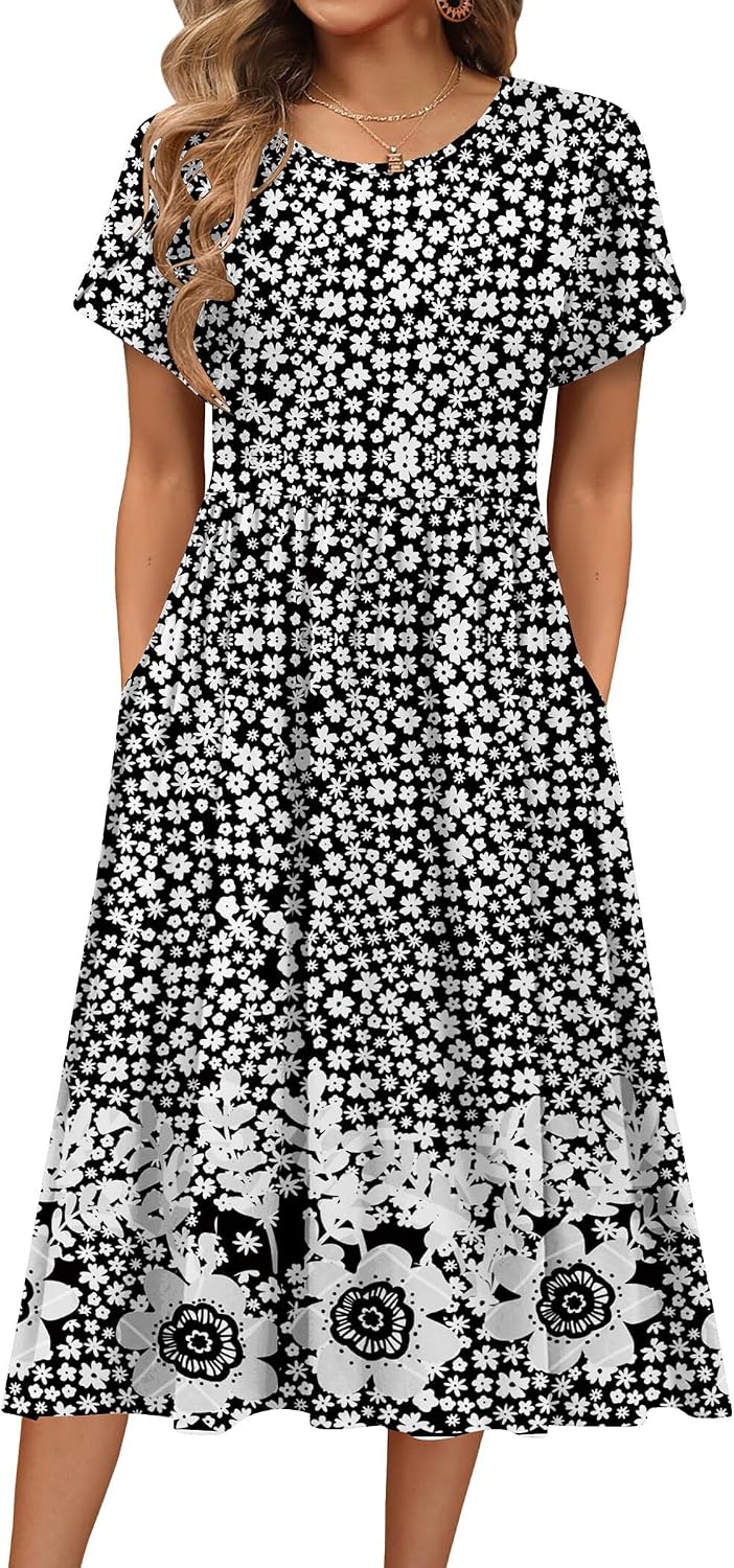 HOTOUCH Women's Summer A-Line Midi Dresses 2026 Casual Floral Short Sleeve T-Shirt Dress Flowy Beach Sundress with Pockets