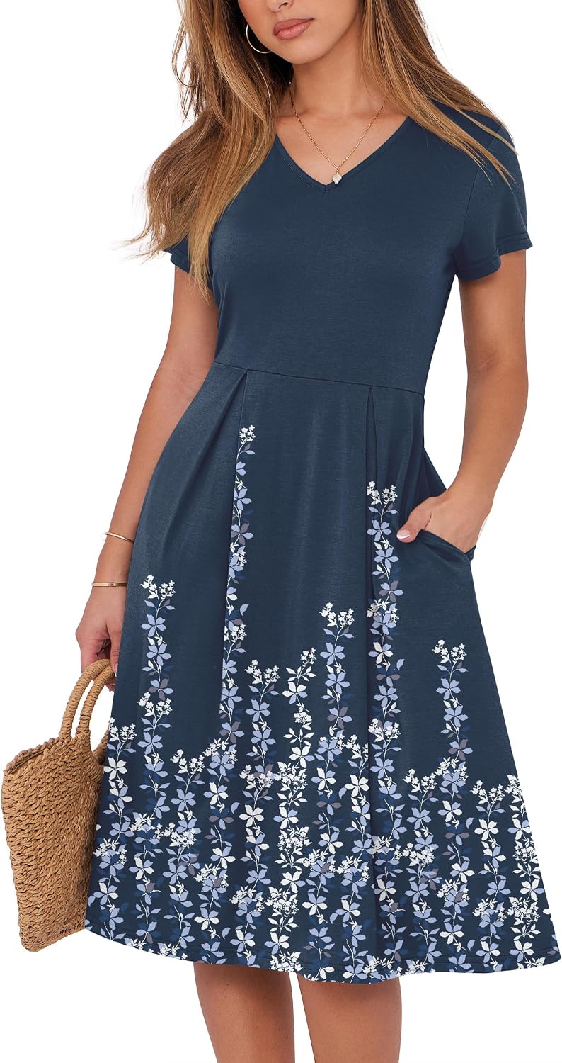 ANRABESS Women Summer Casual Short Sleeve A Line Midi Dresses with Pocket | V Neck Knee Length Pleated Flowy Slim Fit, Casual Business Office Work Teacher Wear, Church Funeral Wedding Guest Outfits