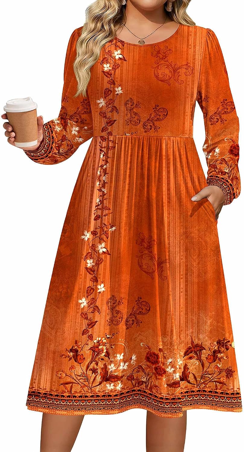 IN'VOLAND Plus Size Fall Dresses Women Long Sleeve Midi Casual Pocket Dress | Breathable Material, Crewneck A-Line Dresses, Loose Fit, Fall Fashion 2026