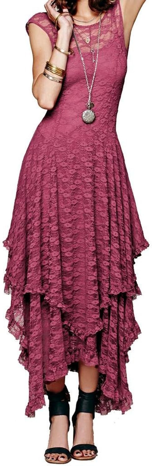 R.Vivimos Womens Lace Long Dress with Slip Two Pieces | Sleeveless, Backless, Asymmetrical Layered Hem, Beach, Vacation, Wedding, Cocktail, Party Outfits